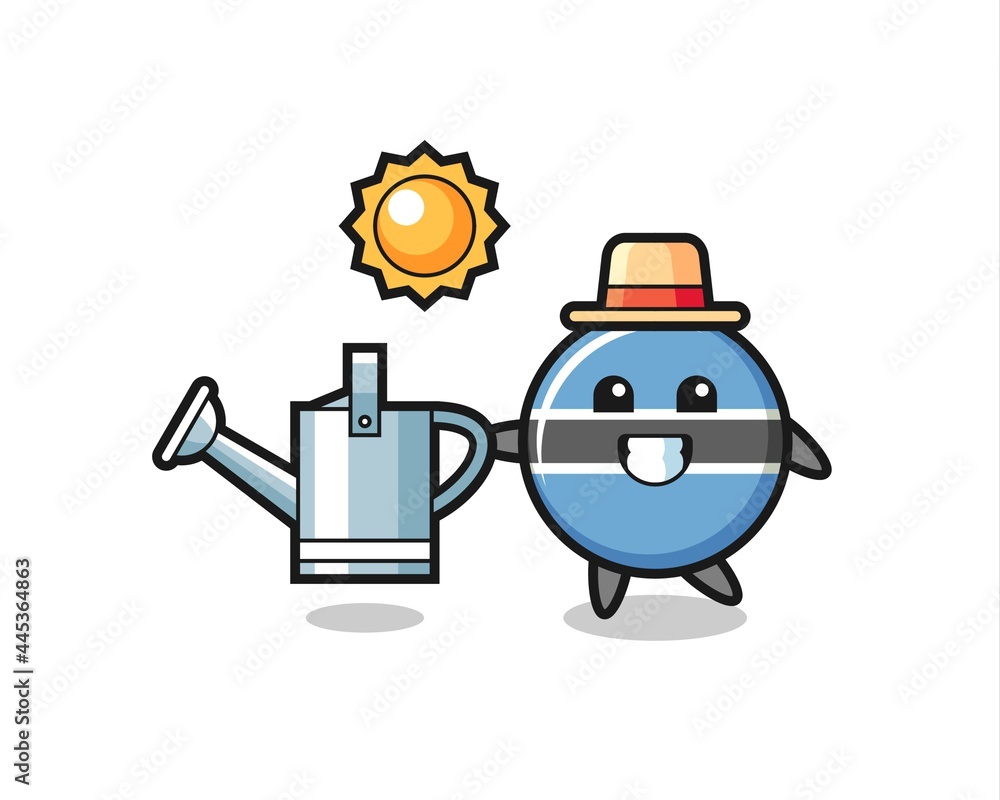 Cartoon character of botswana flag badge holding watering can