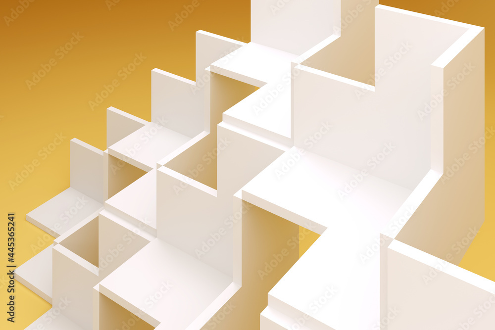 Abstract white geometric installation over yellow wall Abstract white geometric installation over yellow wall