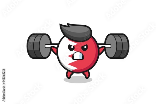 bahrain flag badge mascot cartoon with a barbell