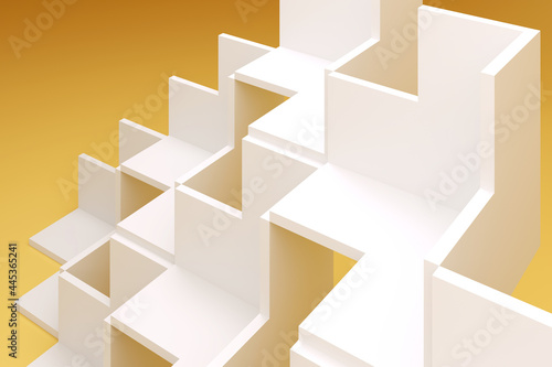 Abstract white geometric installation over yellow wall