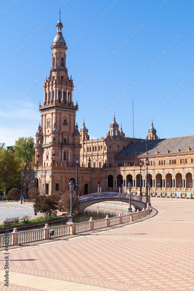 Views of the North Tower of the Plaza de Espana in Seville (Andalusia, Spain). Emblematic place of the city without people due to the pandemic. 