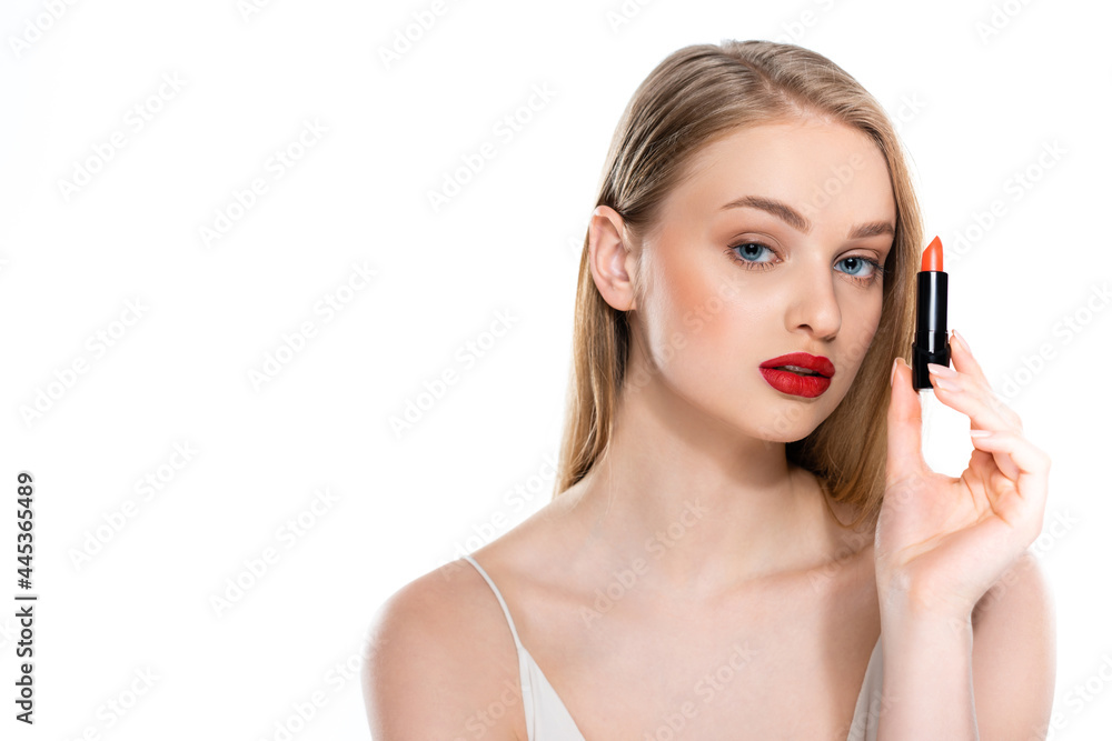 pretty woman with red lips holding lipstick tube isolated on white pretty woman with red lips holding lipstick tube isolated on white