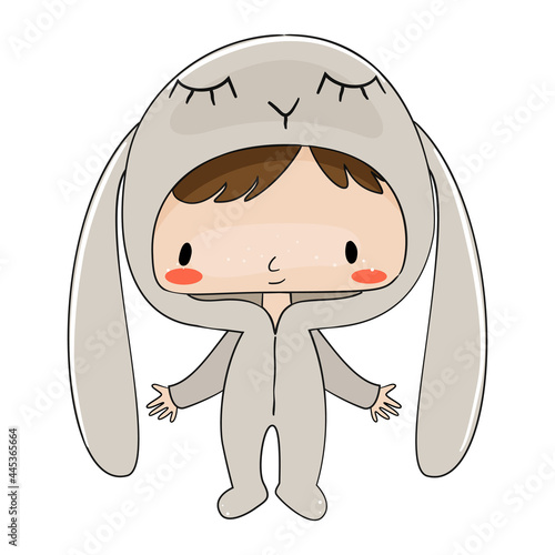Cute little boy in bunny pajama. Vector illustration.