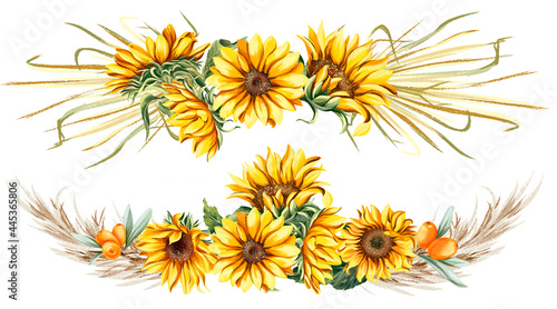 Flower arrangements of sunflowers, Autumn colors, Sunflowers, on an isolated white background, Watercolor illustration, Botanical painting. Boho, rustic compositions