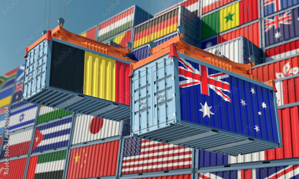 Freight containers with Belgium and Australia flag. 3D Rendering 