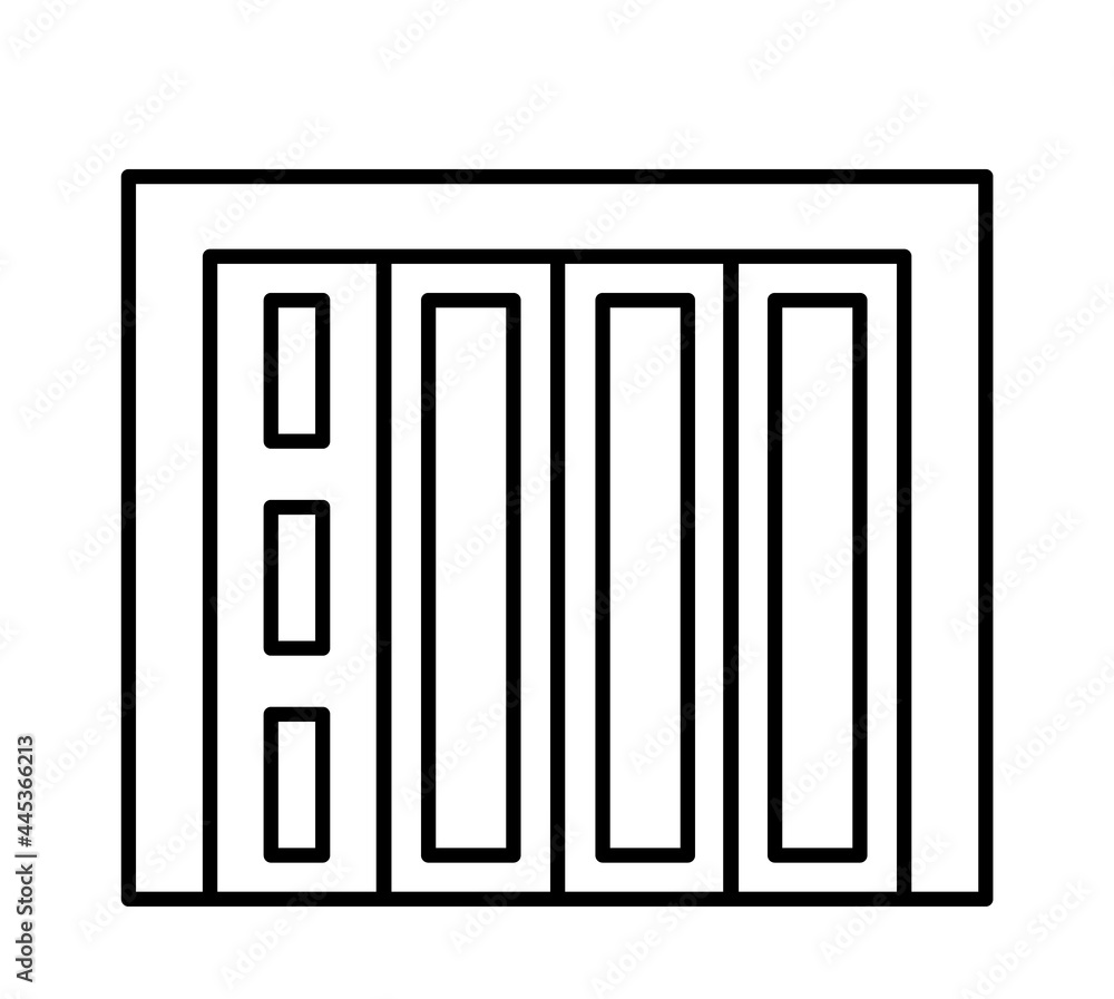 Side sliding sectional garage door. Black & white vector illustration. Line icon of closed warehouse gate. Symbol for exterior design element. Isolated object