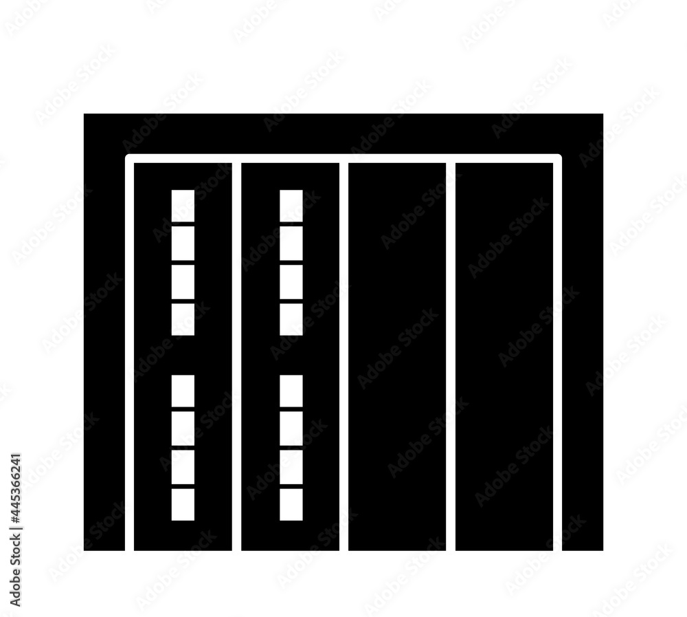 Side sliding sectional garage door. Black & white vector illustration. Flat icon of warehouse gate. Symbol for exterior design element. Isolated object Side sliding sectional garage door. Black & white vector illustration. Flat icon of warehouse gate. Symbol for exterior design element. Isolated object