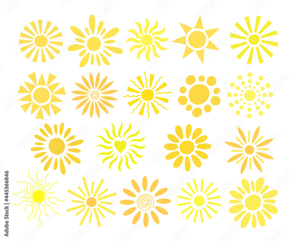 Simple suns set vector flat illustration, cute summer image for making cards, decor, vacation concept and holiday design for children Simple suns set vector flat illustration, cute summer image for making cards, decor, vacation concept and holiday design for children