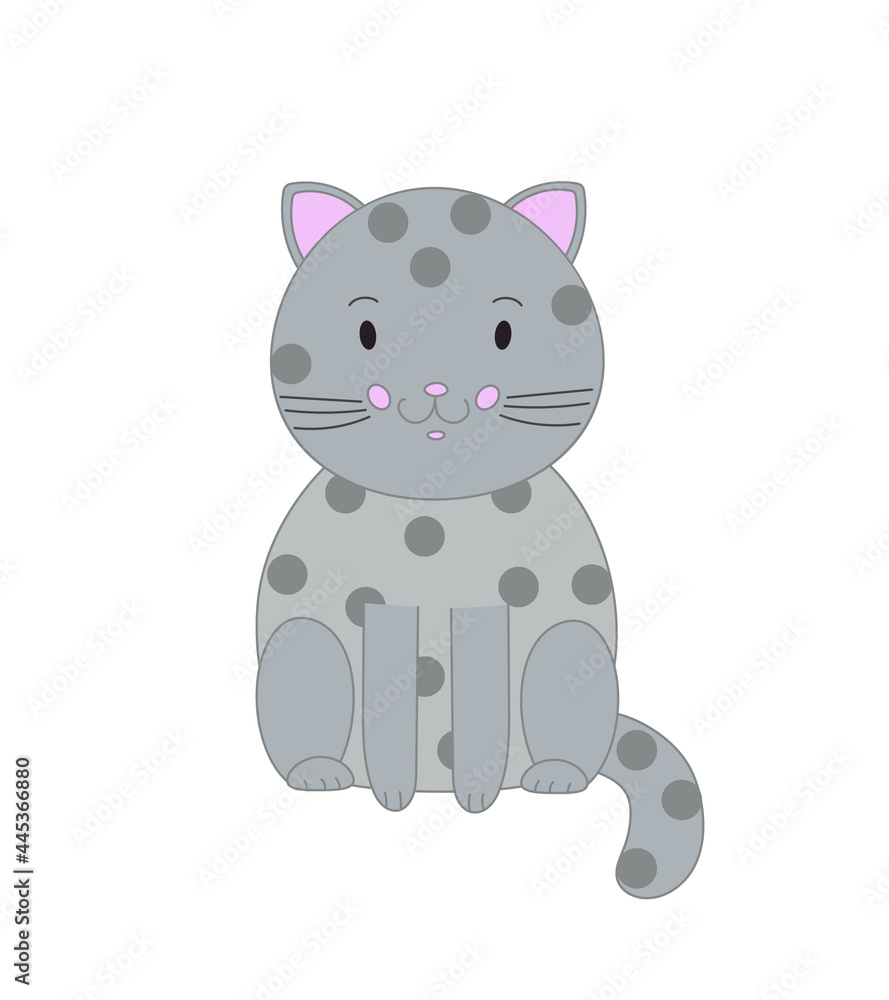 Obraz premium Cute grey cat in simple hand drawn style vector illustration, funny cartoon pet, domestic animal for children, decor, cards