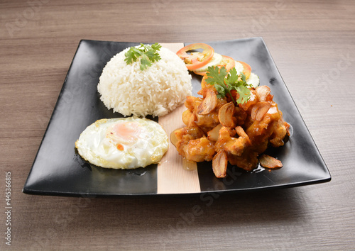 stir fried chicken meat in garlic soy sauce with white rice and fried egg on wood background asian halal set lunch menu