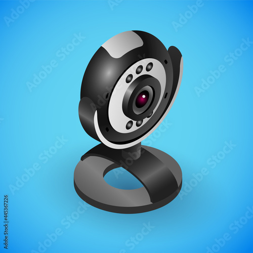 Realistic portable webcam in isometry. Vector isometric illustration of electronic device, desktop webcam 3d icon. Portable electronic gadget, black camera isolated on blue background