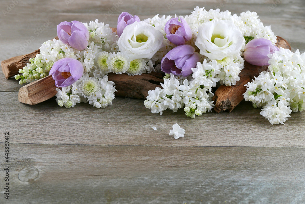 Flower arrangement with lilac and tulips. Flower arrangement with lilac and tulips.