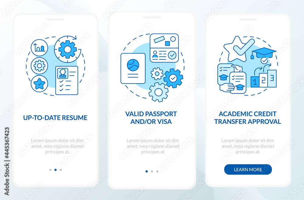 Internship abroad demands onboarding mobile app page screen. Valid passport, visa walkthrough 3 steps graphic instructions with concepts. UI, UX, GUI vector template with linear color illustrations