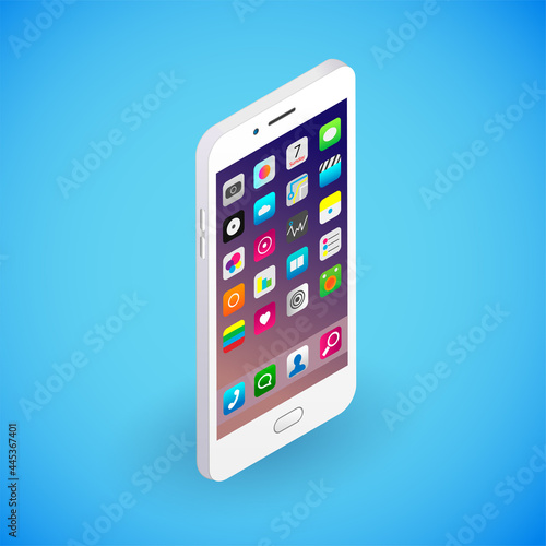 Realistic smartphone in isometry. Vector isometric illustration of electronic device with working screen and operating system icons. Electronic gadget in vertical position isolated on blue background