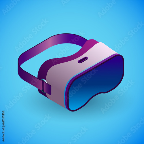 Realistic virtual reality glasses in isometry. Vector isometric illustration of electronic device, VR glasses. Portable electronic gadget, eyeglasses isolated on blue background