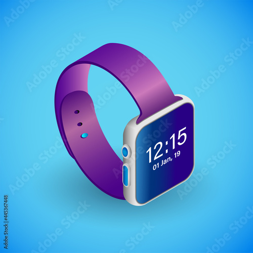 Realistic smartwatch in isometry. Vector isometric illustration of electronic device, smart watches with working screen and operating system icons. Electronic gadget, watch