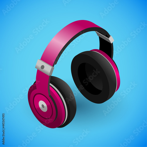 Realistic headphones in isometry. Vector isometric illustration of electronic device, earphone in purple colors. Portable electronic gadget, headset isolated on blue background