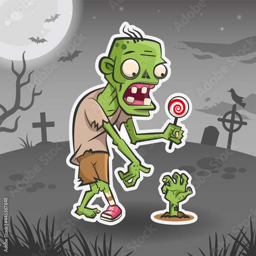 Zombie cartoon character. Halloween sticker. Halloween monster. Vector holiday illustration for stickers and decorations. Funny zombie holding lollipop in hand and dead
