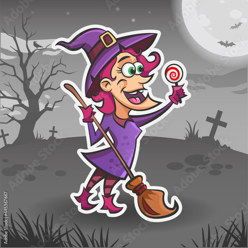 Witch cartoon character. Halloween sticker. Halloween monster. Vector holiday illustration for stickers and decorations. Funny happy witch with hat and broom holding