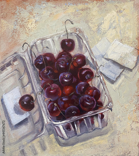 Cherries in plastic box from food delivery, original oil painting on canvas
