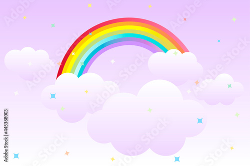 Cartoon background with rainbow in the sky and clouds for graphic design.