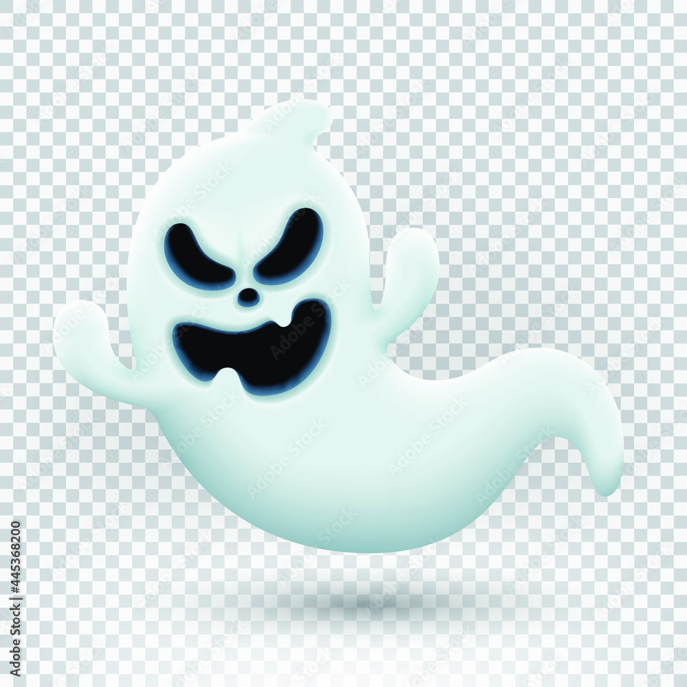 Vector illustration with funny ghost. Realistic ghost isolated on transparent background. Vector illustration of 3d symbol of halloween.