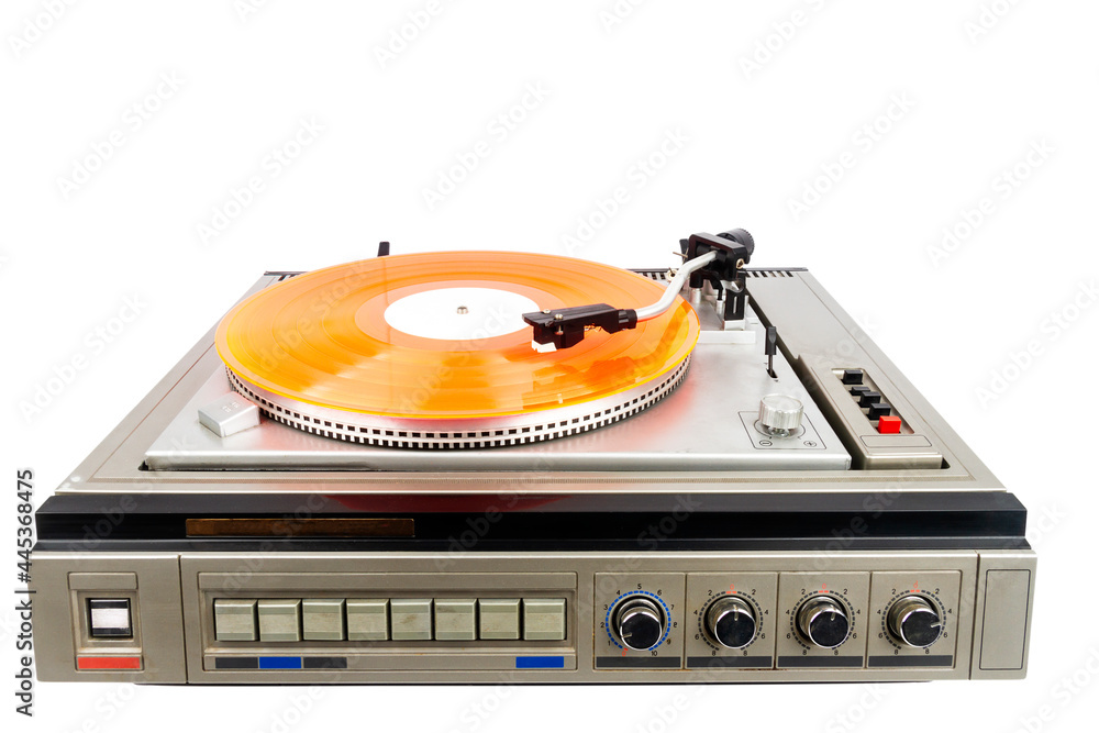 Fototapeta premium Vintage turntable record player with red vinyl