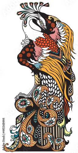 Chinese phoenix or feng huang Fenghuang mythological bird. Graphic style vector illustration
