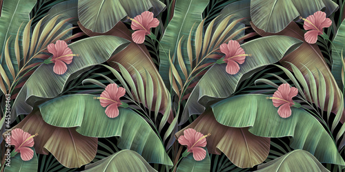 Wallpaper Mural Tropical seamless pattern with hibiscus flowers, beautiful palm, banana leaves. Hand-drawn vintage 3D illustration. Glamorous exotic abstract background art design. Good for luxury wallpapers, clothes Torontodigital.ca