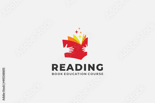 reading book logo with hand silhouette Open Book . book shape with twinkle star. Usable for Business, online course, book store and Education Logos. Flat Vector Logo Design Template Element.
