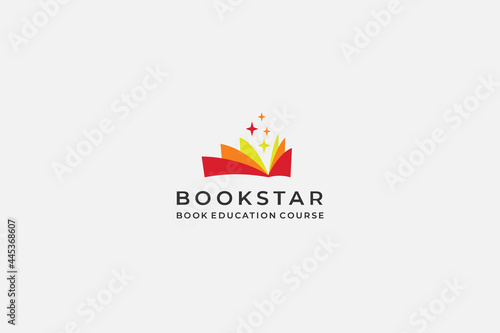 Open Book Logo Education. book shape with twinkle star isolated on White Background. Usable for Business, online course, book store and Education Logos. Flat Vector Logo Design Template Element.