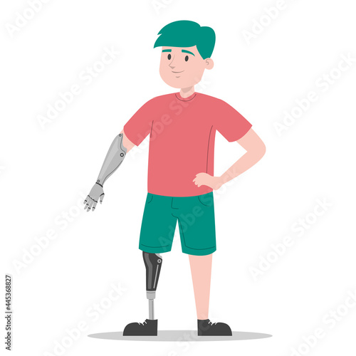 Happy young boy with prosthetic leg and arm vector isolated. Illustration of a child wearing a prosthesis. Handicapped person, kid with artificial limbs.