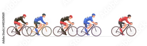 Cycling tournament side view. Cyclists chase the leader of the race.