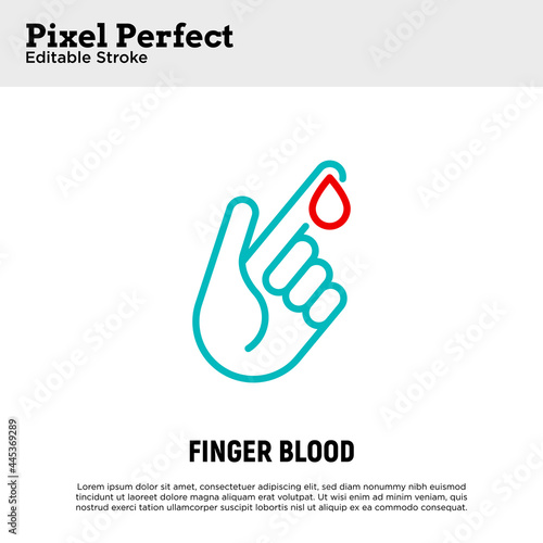 Blood test thin line icon. Diabetes. Blood droplet from finger. Diagnostics of sugar level. Pixel perfect, editable stroke. Vector illustration.