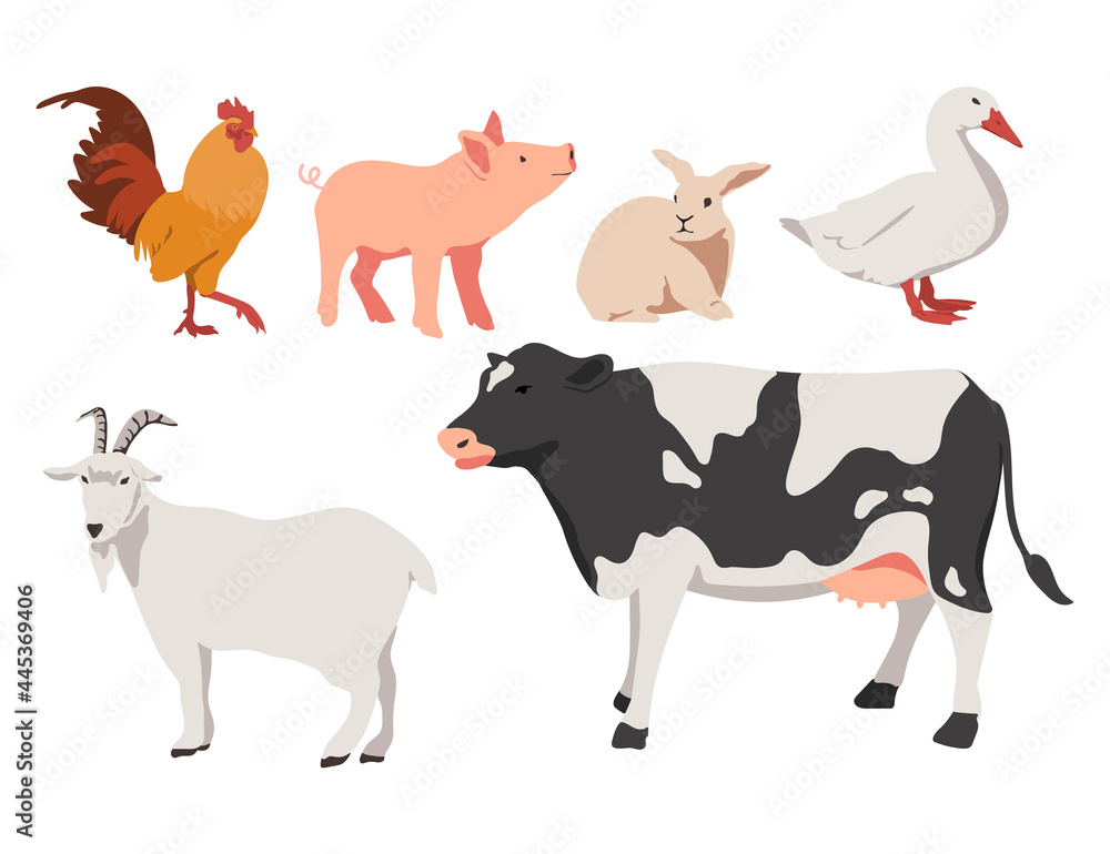 Farm animals set. Vector hand drawn illustration in flat style. Isolated on white background