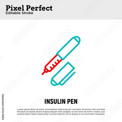 Insulin pen thin line icon. Portable diabetes treatment. Medical equipment. Pixel perfect, editable stroke. Vector illustration.