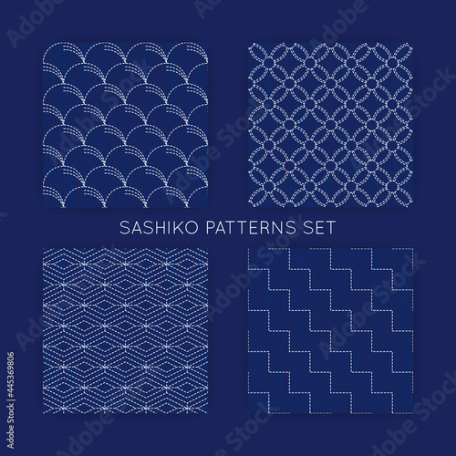Sashiko pattern. Vector seamless embroidery Japanese traditional art.