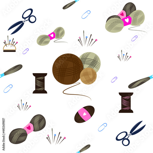 Pattern of items for knitting in brown color with threads knitting needles scissors and buttons