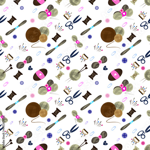 Pattern of items for knitting in brown color with threads knitting needles scissors and buttons