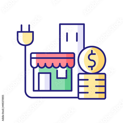 Energy price for commercial customer RGB color icon. Cost for electrical power for shops and stores. Retail industry expense. Isolated vector illustration. Energy purchase simple filled line drawing