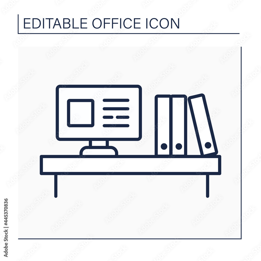 Workspace line icon. Laptop and work folders staying on desk. Modern comfortable workplace. Office concept. Isolated vector illustration. Editable stroke Workspace line icon. Laptop and work folders staying on desk. Modern comfortable workplace. Office concept. Isolated vector illustration. Editable stroke