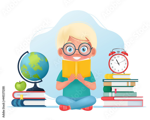 Cute little child holding book in hands and is reading a book. Reading more book, time to learning concept. Vector illustration in cartoon style
