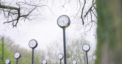 A 4K selective focus of mossy tree trunk and the Field of Clocks in a park in Germany photo