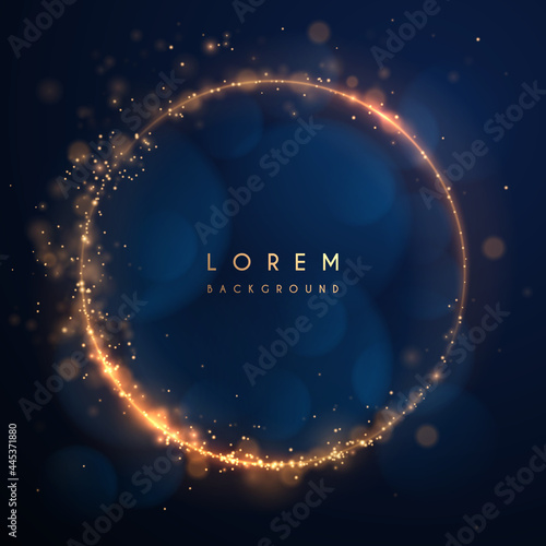 Abstract golden circle frame on blue background with glow effect