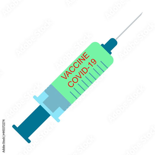 Syringe with vaccine injection from covid-19 virus. Flat isolated vector illustration.Time to vaccinate.Stop pandemic coronavirus.Healthcare.