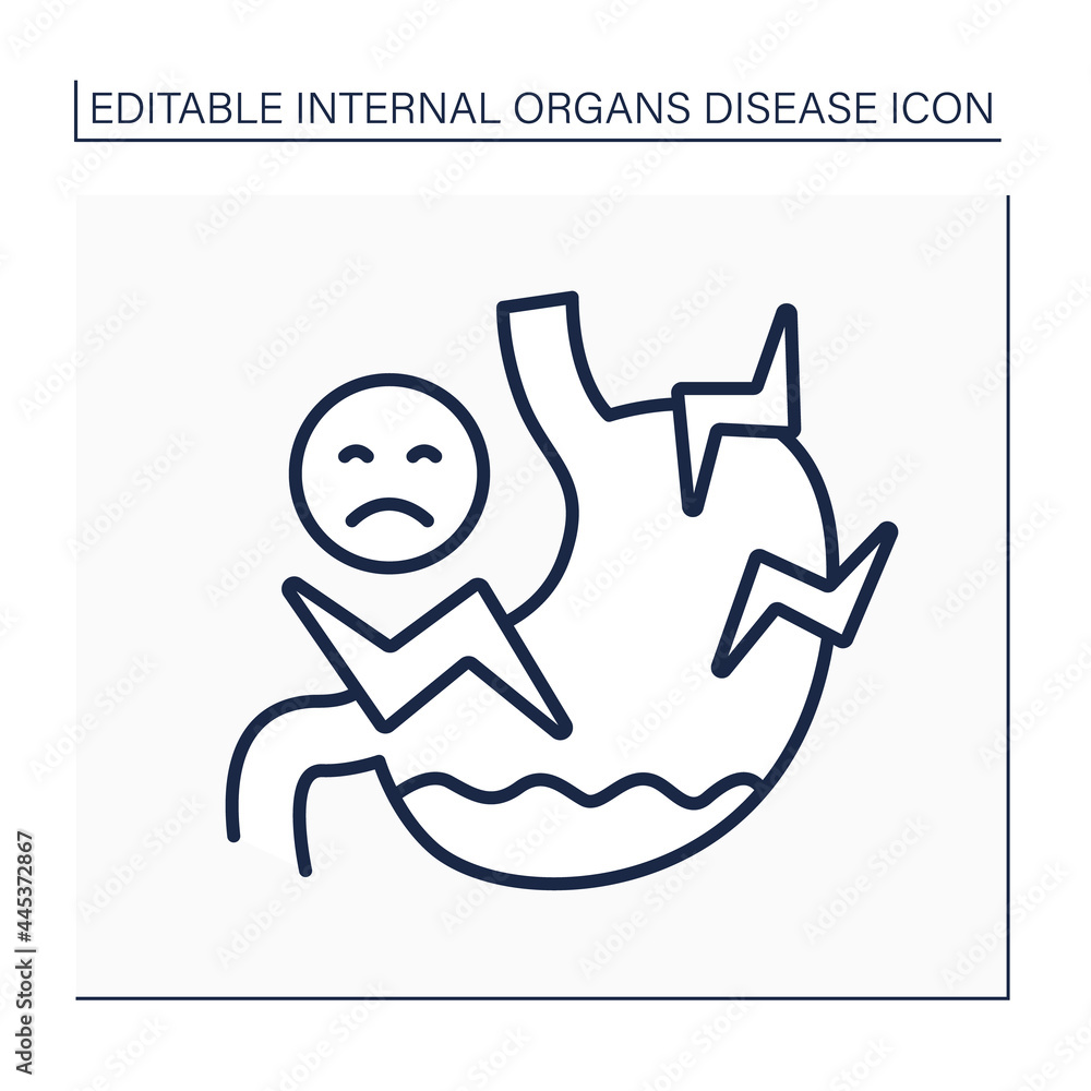 Stomach ache line icon. Indigestion, colic, dyspepsia, tummy ache. High pain. Stomach sick. Healthcare. Internal organs disease concept.Isolated vector illustration.Editable stroke