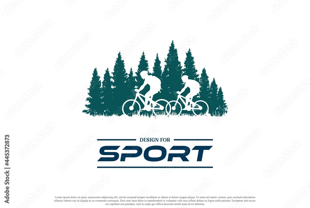 Bike or Bicycle with Pine Cedar Conifer Fir Evergreen Tree Forest for Sport Club Logo Design Vector
