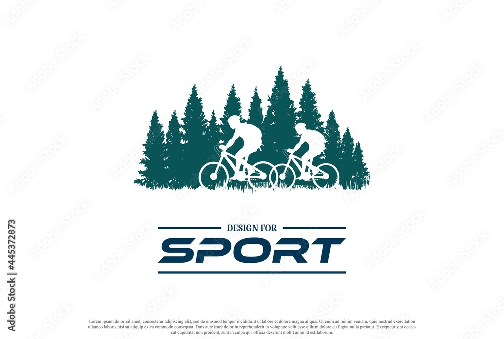 Bike or Bicycle with Pine Cedar Conifer Fir Evergreen Tree Forest for Sport Club Logo Design Vector Bike or Bicycle with Pine Cedar Conifer Fir Evergreen Tree Forest for Sport Club Logo Design Vector