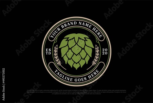 Old Simple Green Hop with Grain Malt for Craft Beer, Brewing or Brewery Label Logo Design Vector