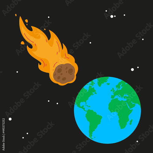 Meteor and Earth. Fireball flies on planet. Approaching catastrophe. Fiery Comet. Coming end of world. Danger. Cartoon vector illustration with asteroid and planet earth